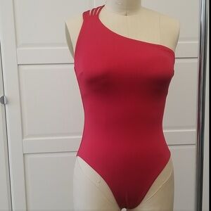 BCBGMAXAZRIA Ava Crimson One-Shoulder Swimsuit, Size 8